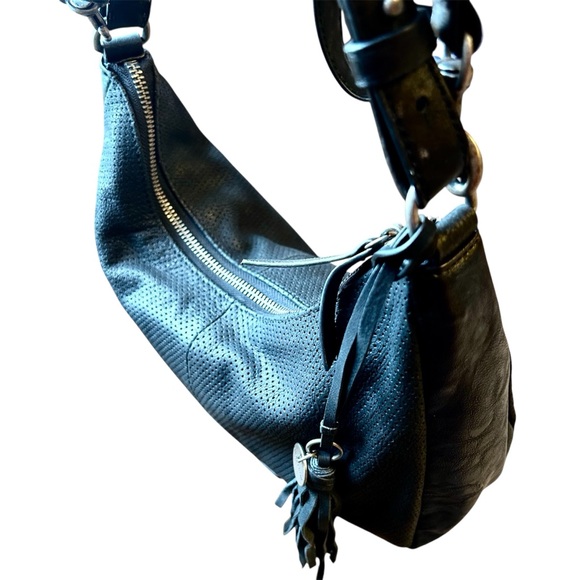 Lucky Brand Ebon Perforated Vanchetta Genuine Leather Hobo Bag Purse Black - Picture 6 of 14